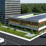 **

A modern architectural design that incorporates ample green space, adhering to local zoning regulations. The design should creatively address height and space restrictions while maintaining aesthetic appeal. BIM (Building Information Modeling) is visible in the background, symbolizing the collaboration between architects and urban planners.

**