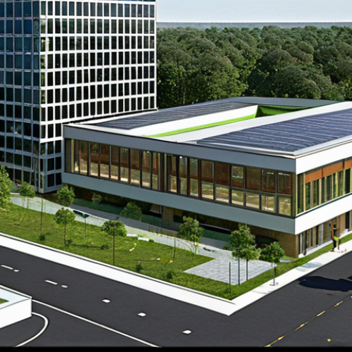 **

A modern architectural design that incorporates ample green space, adhering to local zoning regulations. The design should creatively address height and space restrictions while maintaining aesthetic appeal. BIM (Building Information Modeling) is visible in the background, symbolizing the collaboration between architects and urban planners.

**