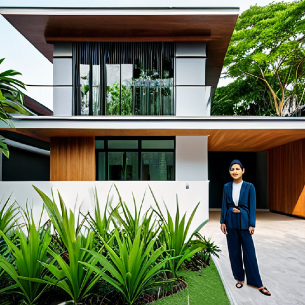 **

A professional Thai architect in a modest, stylish outfit stands confidently in front of a modern, eco-friendly house design in Bangkok. The building incorporates traditional Thai elements with a contemporary twist, surrounded by lush tropical greenery. Fully clothed, appropriate attire, safe for work, perfect anatomy, natural proportions, professional architectural photography, high quality.

**