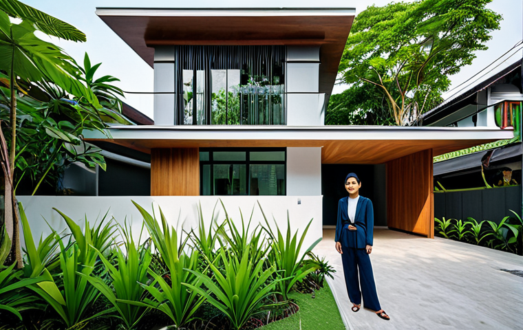 **

A professional Thai architect in a modest, stylish outfit stands confidently in front of a modern, eco-friendly house design in Bangkok. The building incorporates traditional Thai elements with a contemporary twist, surrounded by lush tropical greenery. Fully clothed, appropriate attire, safe for work, perfect anatomy, natural proportions, professional architectural photography, high quality.

**