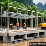 Home 21 건축기술사와 재해 예방 계획 수립 - A detailed construction site in a tropical Thai setting, showing workers wearing safety helmets and ...