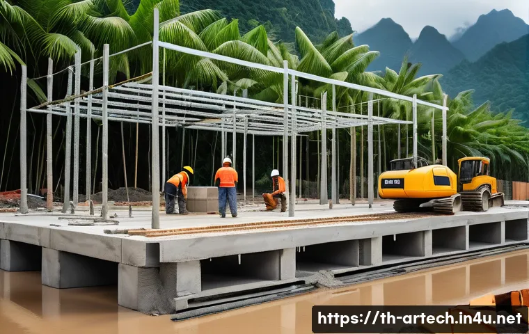 건축기술사와 재해 예방 계획 수립 - A detailed construction site in a tropical Thai setting, showing workers wearing safety helmets and ...