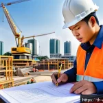 Home 20 건축기술사 필수 서적 - A professional Thai construction engineer in safety gear, studying a detailed construction manual wi...