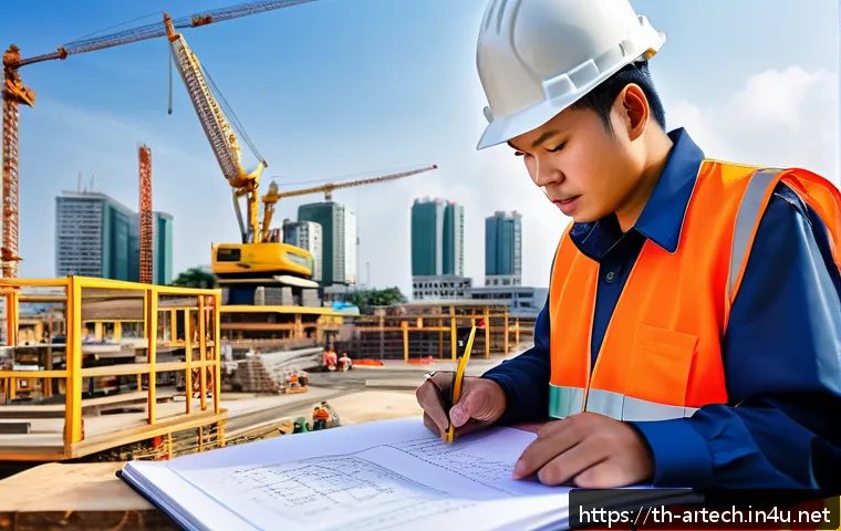 건축기술사 필수 서적 - A professional Thai construction engineer in safety gear, studying a detailed construction manual wi...