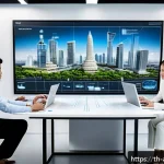 Home 19 건축기술사 시험과 관련된 최신 기술 동향 - A modern architectural office scene showcasing architects and engineers collaborating around a large...