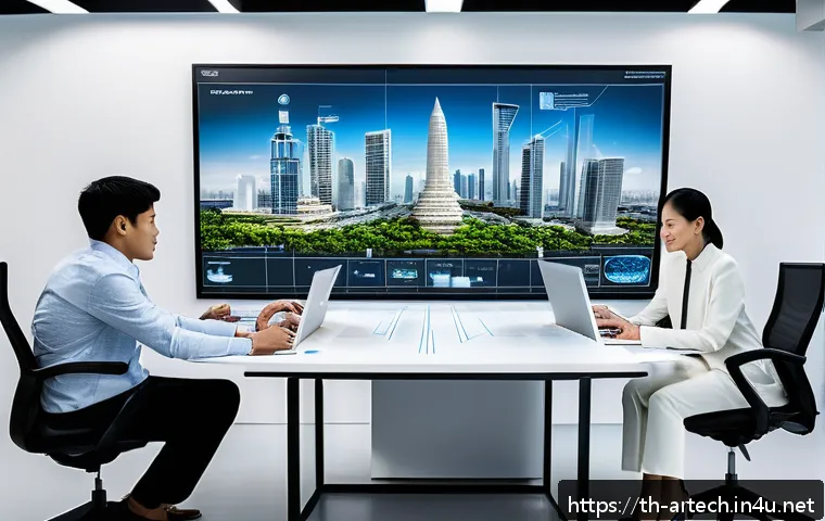 건축기술사 시험과 관련된 최신 기술 동향 - A modern architectural office scene showcasing architects and engineers collaborating around a large...