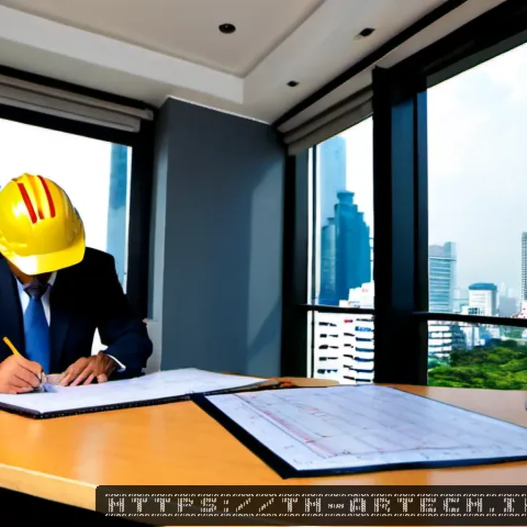 건축기술사 시험 채점 기준 - Photorealistic Thai professional engineering examination assessment scene, a senior structural engin...