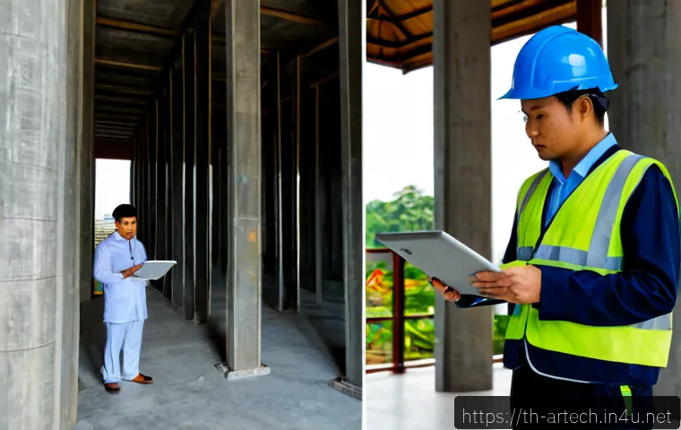 건축기술사와 건축사 차이 - Photorealistic split-scene comparison in a modern Bangkok construction setting: on the left, a Thai ...